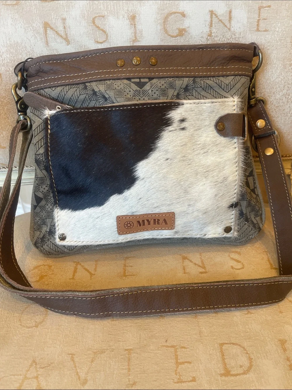 Myra Bag Brown, Black & White Haircalf Messenger Crossbody